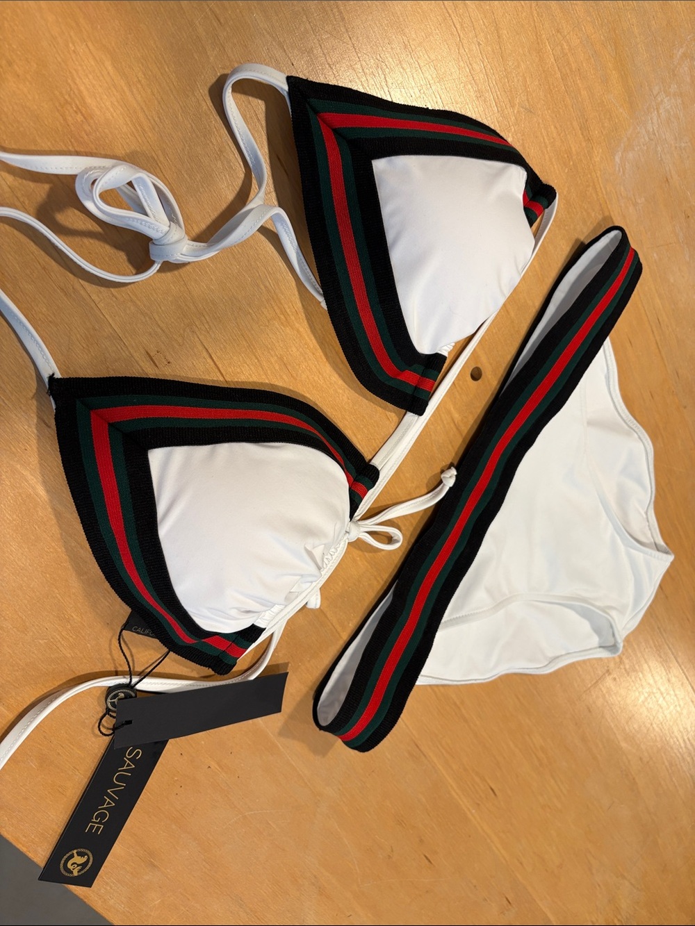 Sauvage ~ White Triangle Bikini Black Red & Green Trim